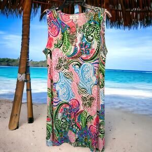 Ivy Road shift dress preppy paisley colorful tropical vacation Gold ring neck M